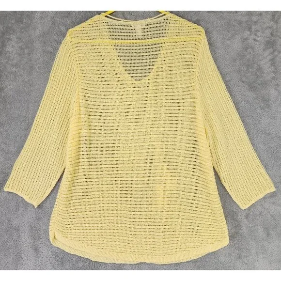 Chicos Shirt Womens Size 3 Yellow Open Knit V Neck Tassels 3/4 Sleeve Loose Top - Picture 2 of 10